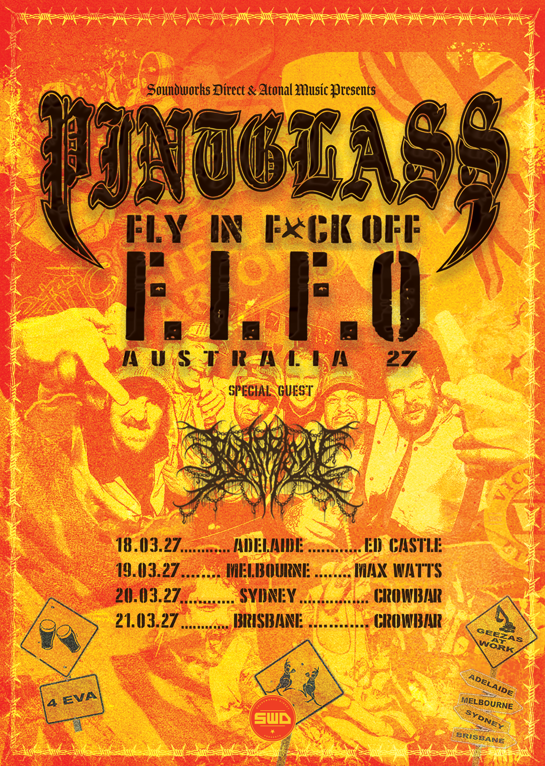 Tour poster for PINTGLASS F.I.F.O. Australia 27 featuring concert dates and locations.
